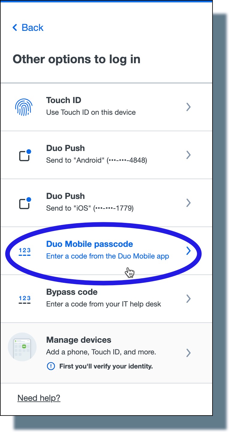 Image of Duo authentication options. Select "Duo Mobile passcode".