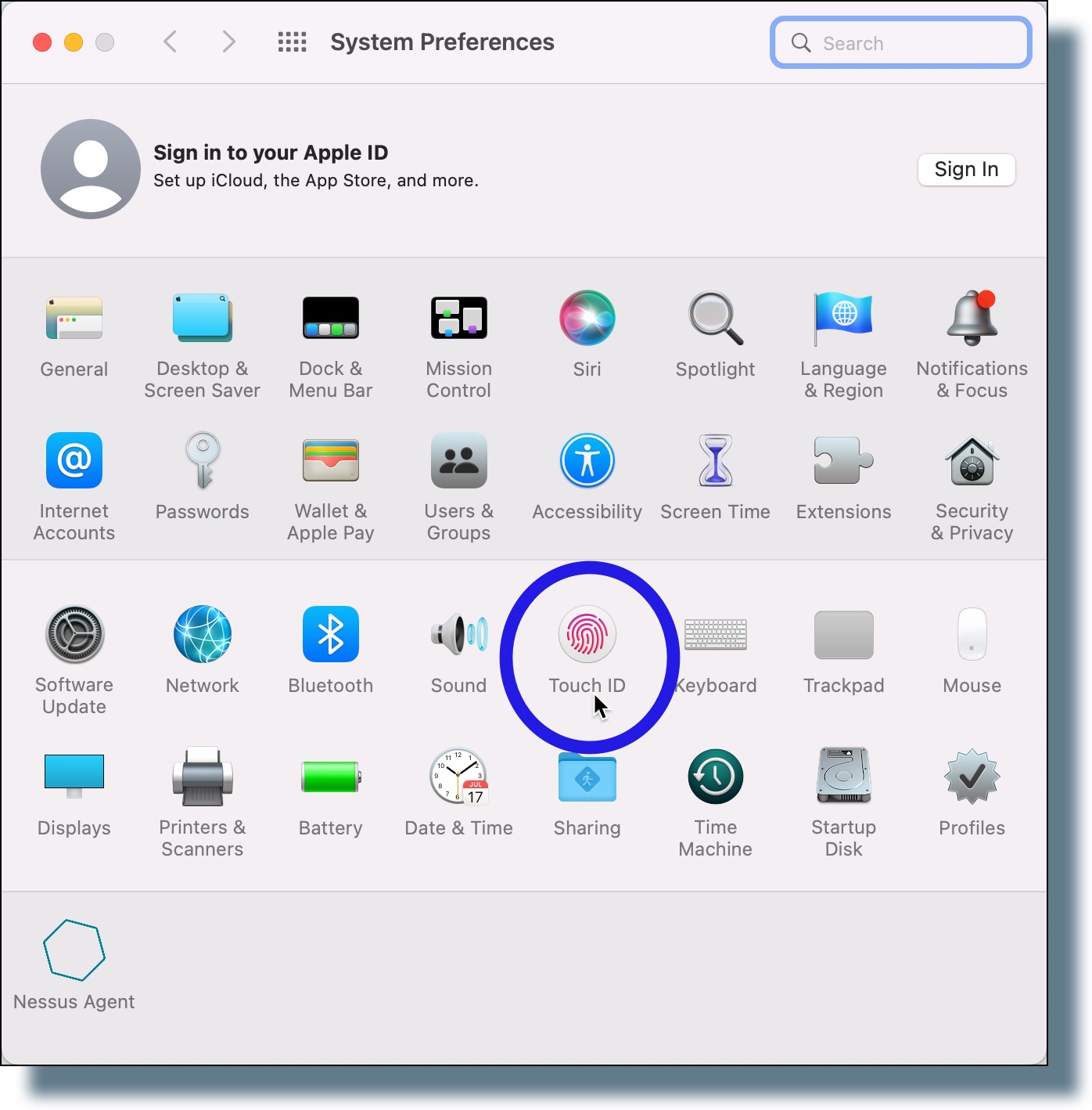 Image of "System Preferences" window. Click the "Touch ID" icon.