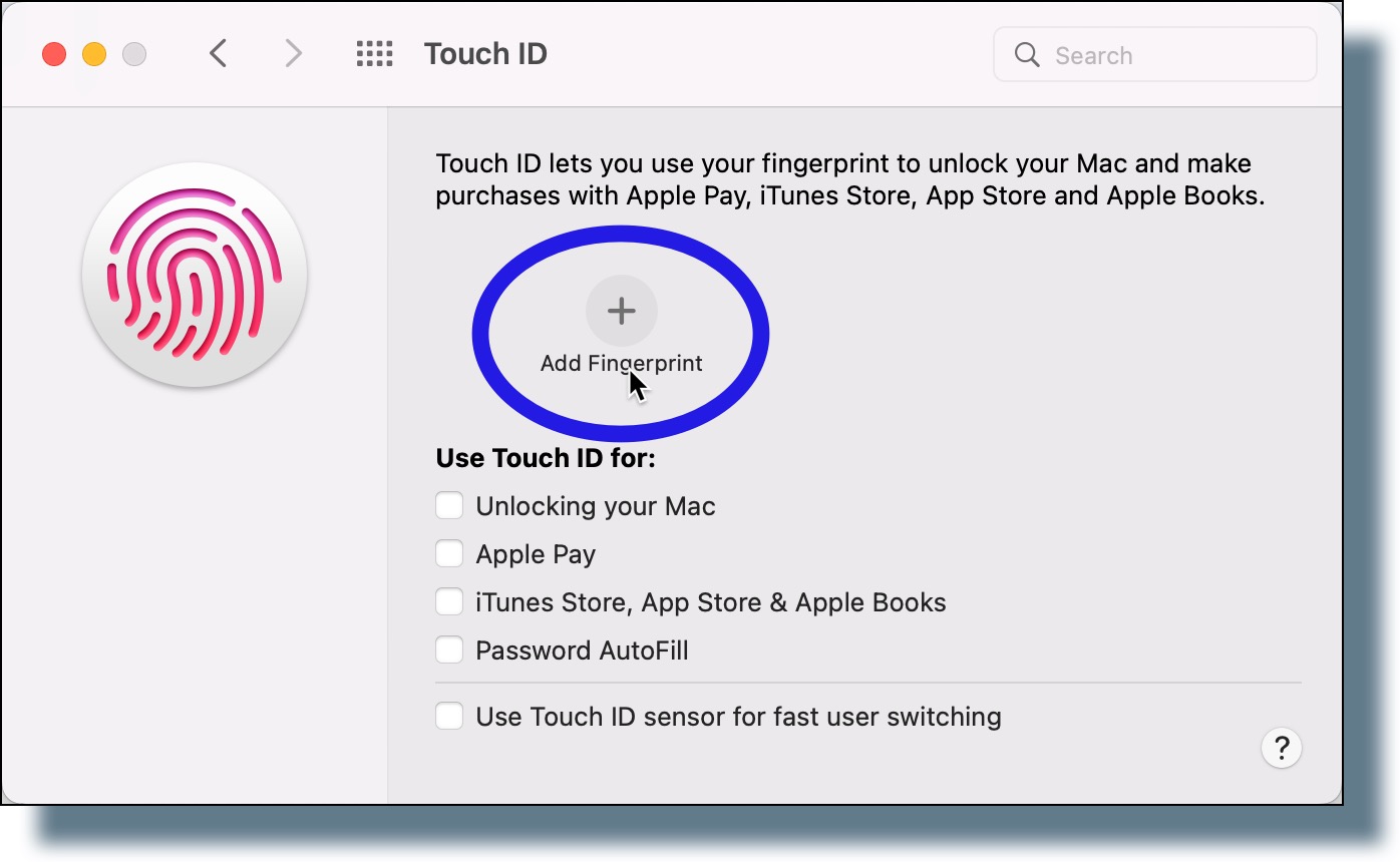 Image of the "Touch ID" screen. Click "Add Touch ID".