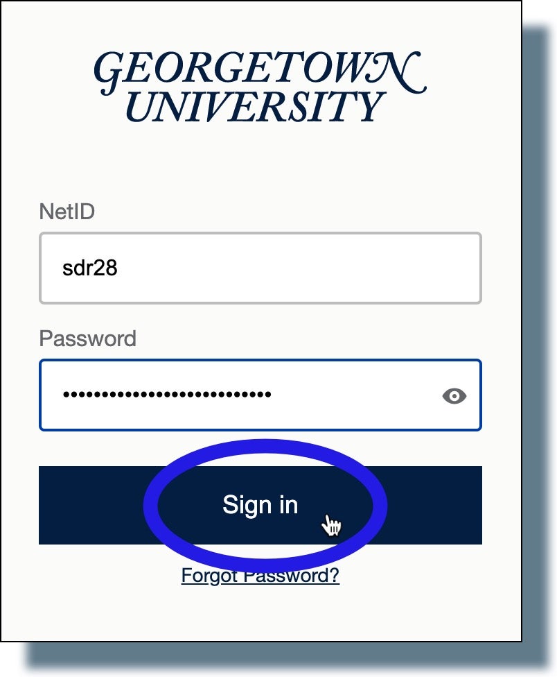 Image of Georgetown login prompt. Enter your NetID and password, then click 'Sign in'.