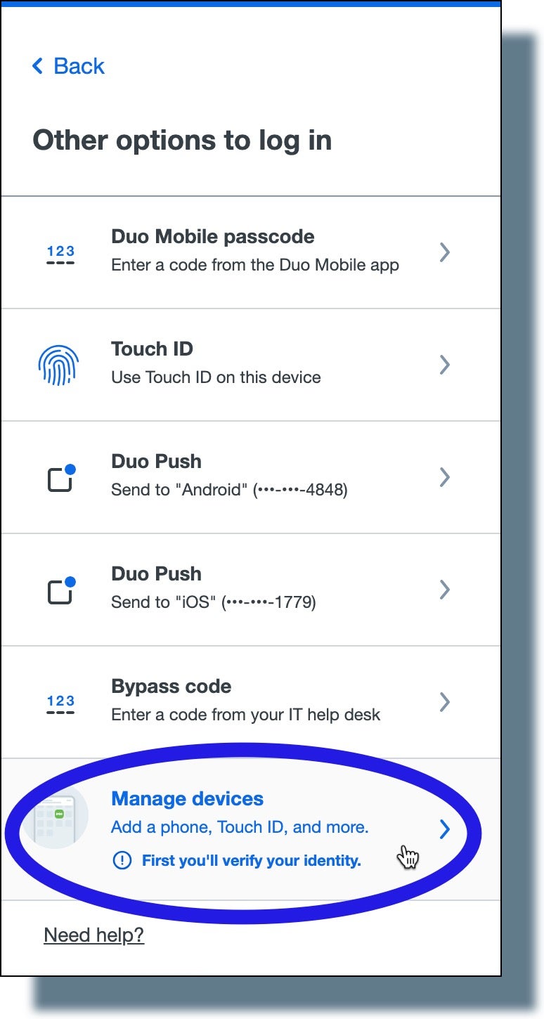 Image of Duo authentication options. Click on 'Manage devices'.