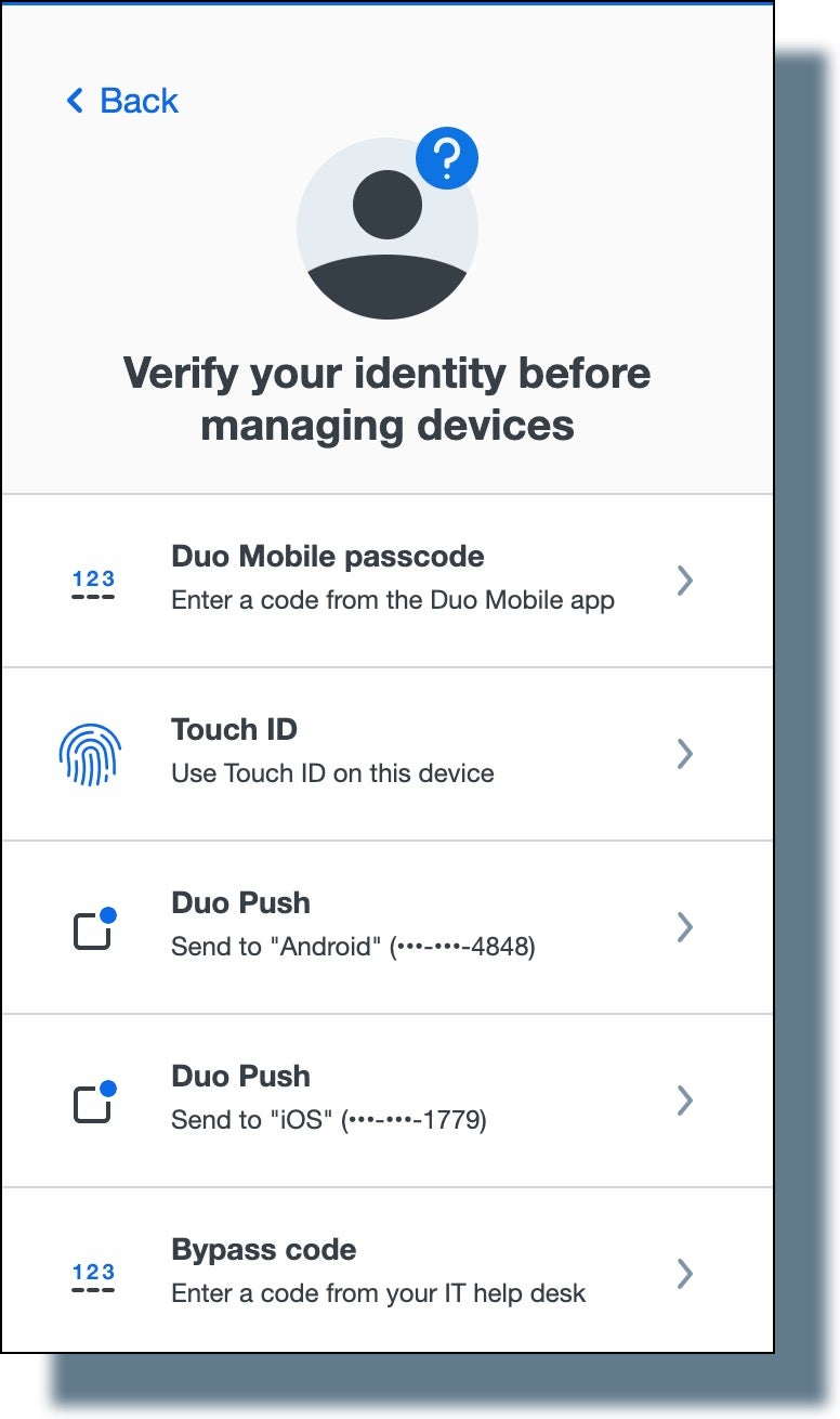 In the Duo screen, select an authentication method to verify your identity.