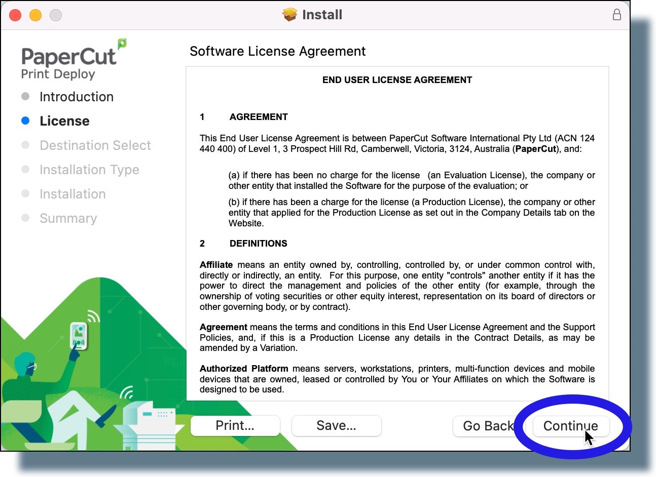 Window showing PaperCut software license agreement.