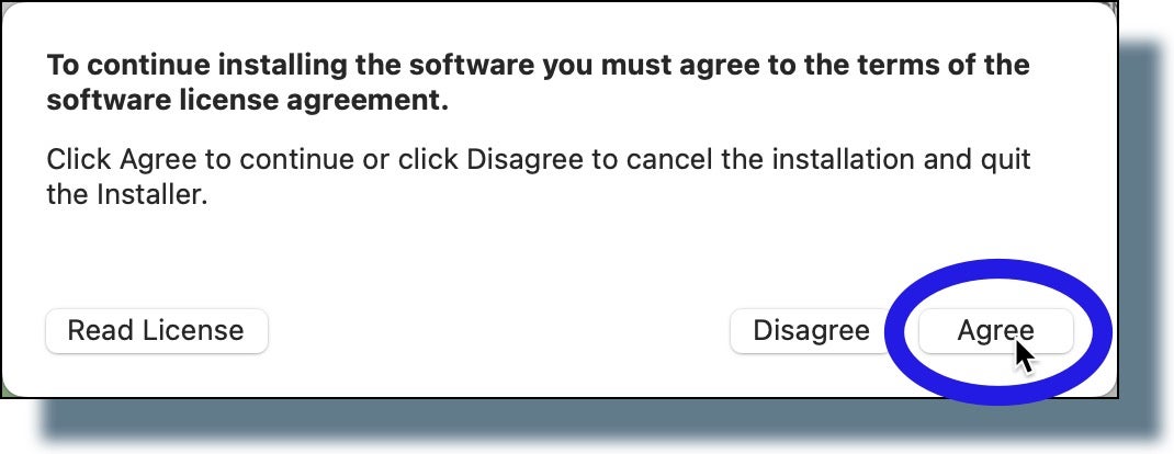 Pop-up window prompting you to agree to the license agreement.