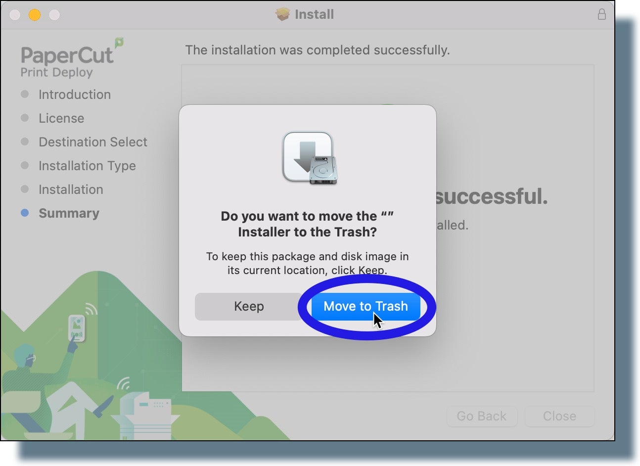 Pop-up window prompting you to move the installer file to your Trash folder.