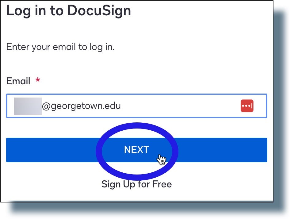 Docusign login page with GU email address filled in.