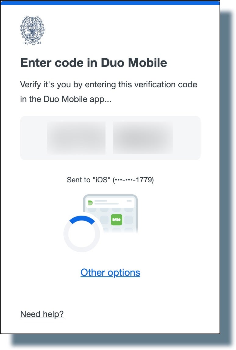 Duo screen showing six-digit code you must enter on your mobile device.