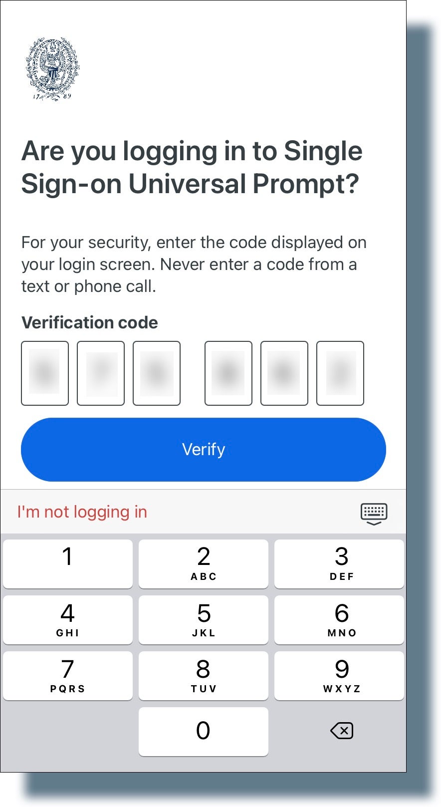 Duo screen on your mobile device on which you enter the six-digit verification code.