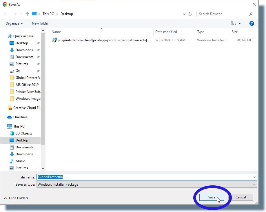 The Save As window, clicking the Save button to save the installer file to the Windows Desktop. 