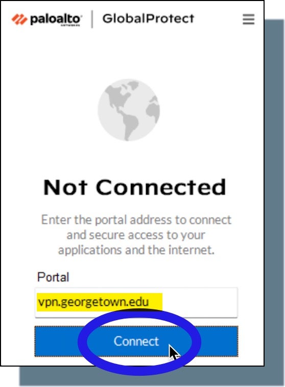 The VPN screen named Not Connected. Enter the portal address vpn.georgetown.edu and then click Connect.