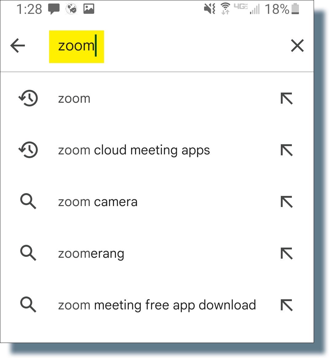 Entering the term zoom in the Google Play Store search box. 
