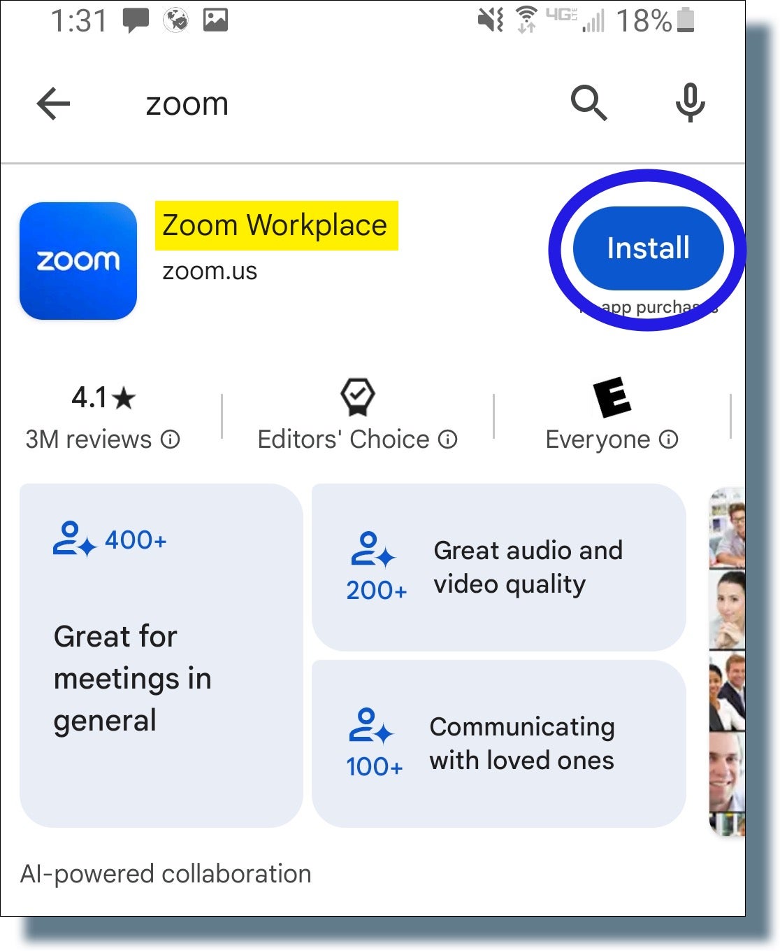 Tap Install button for Google Workplace listing in Google Play.