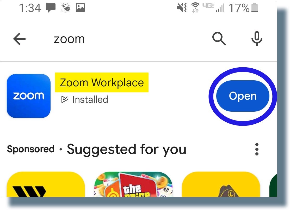 Tap the Open button for Google Workplace listing in Google Play.
