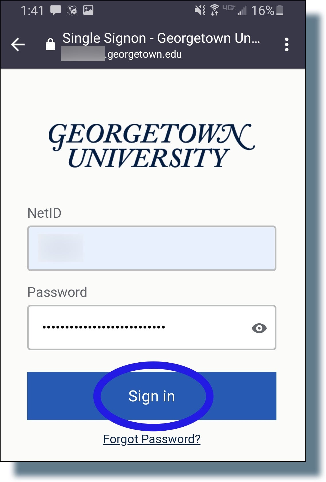 Entering your NetID and password at GU login prompt.