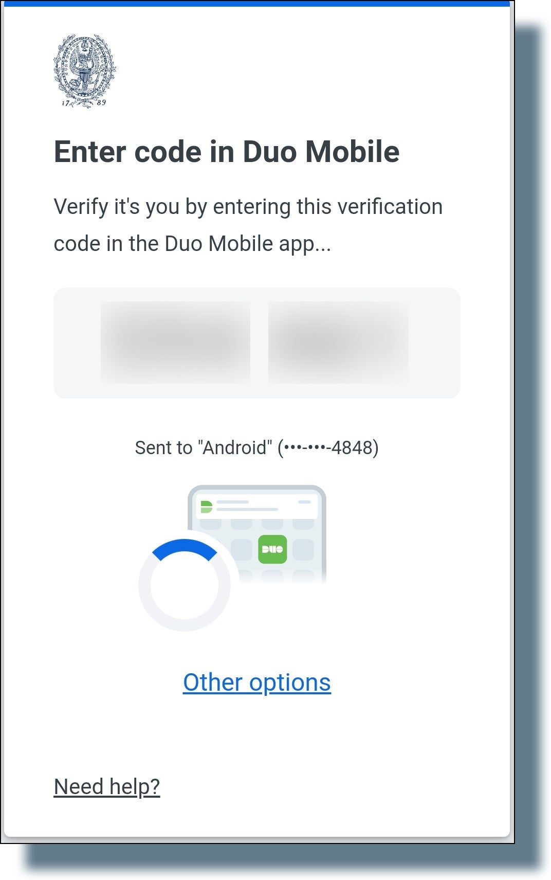 Duo screen showing six-digit verification code.