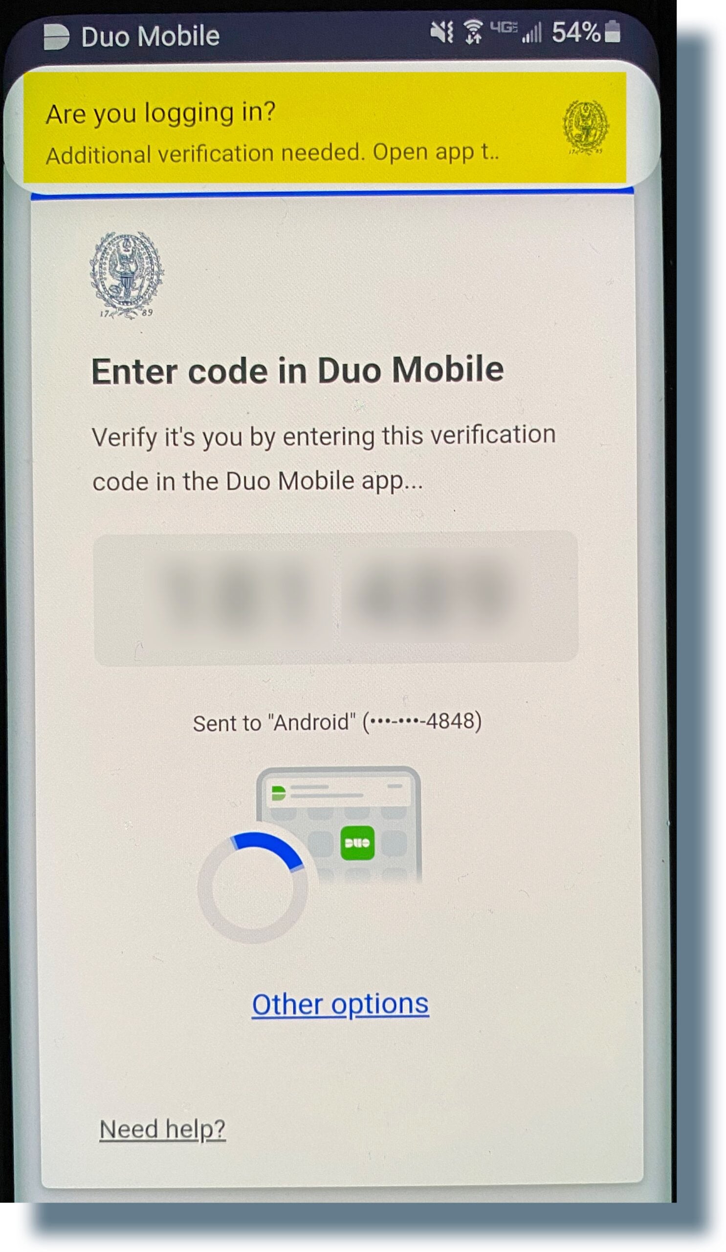 Duo screen with verification code.