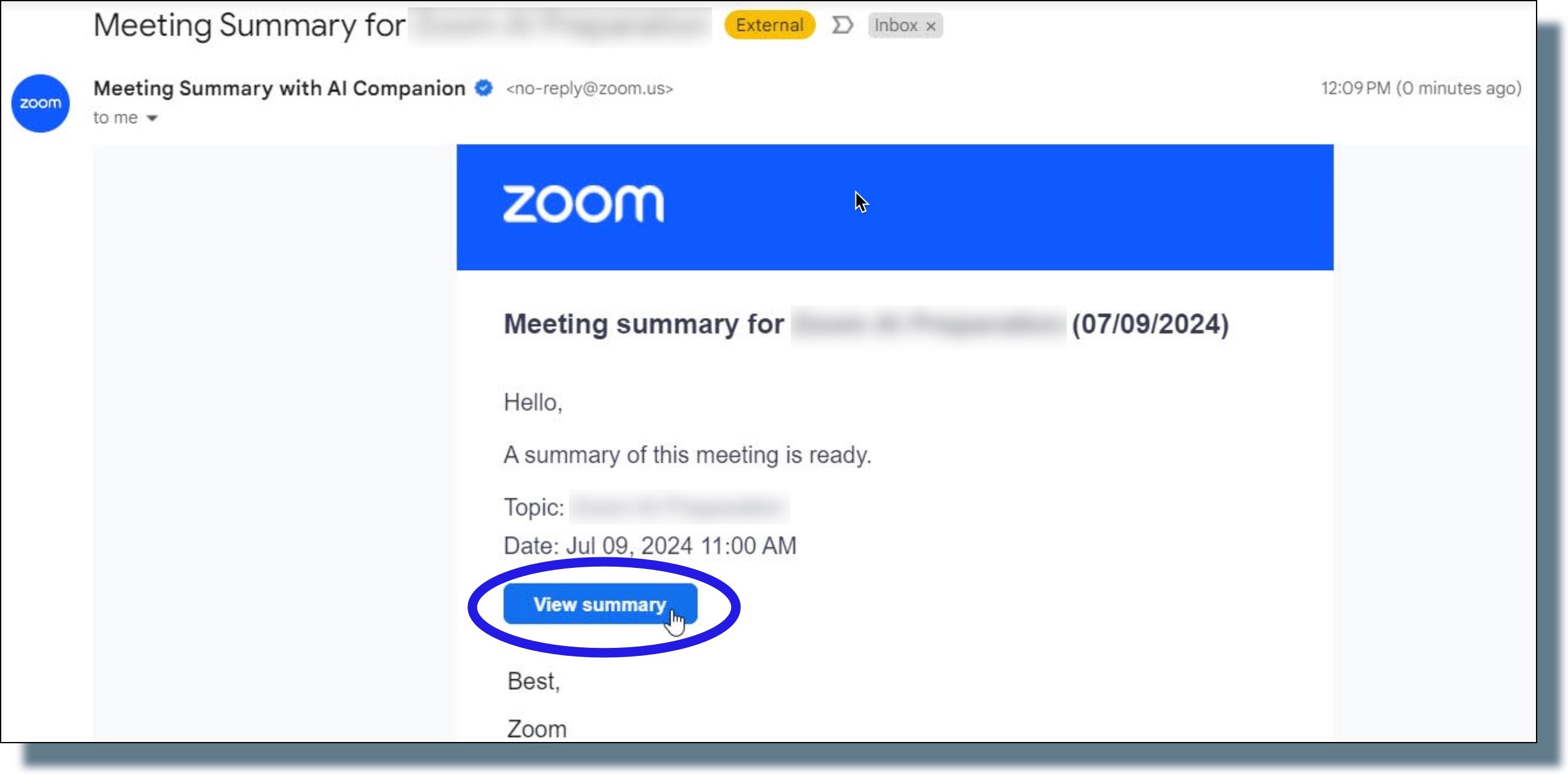 Email from Zoom stating that the meeting summary is ready to view.