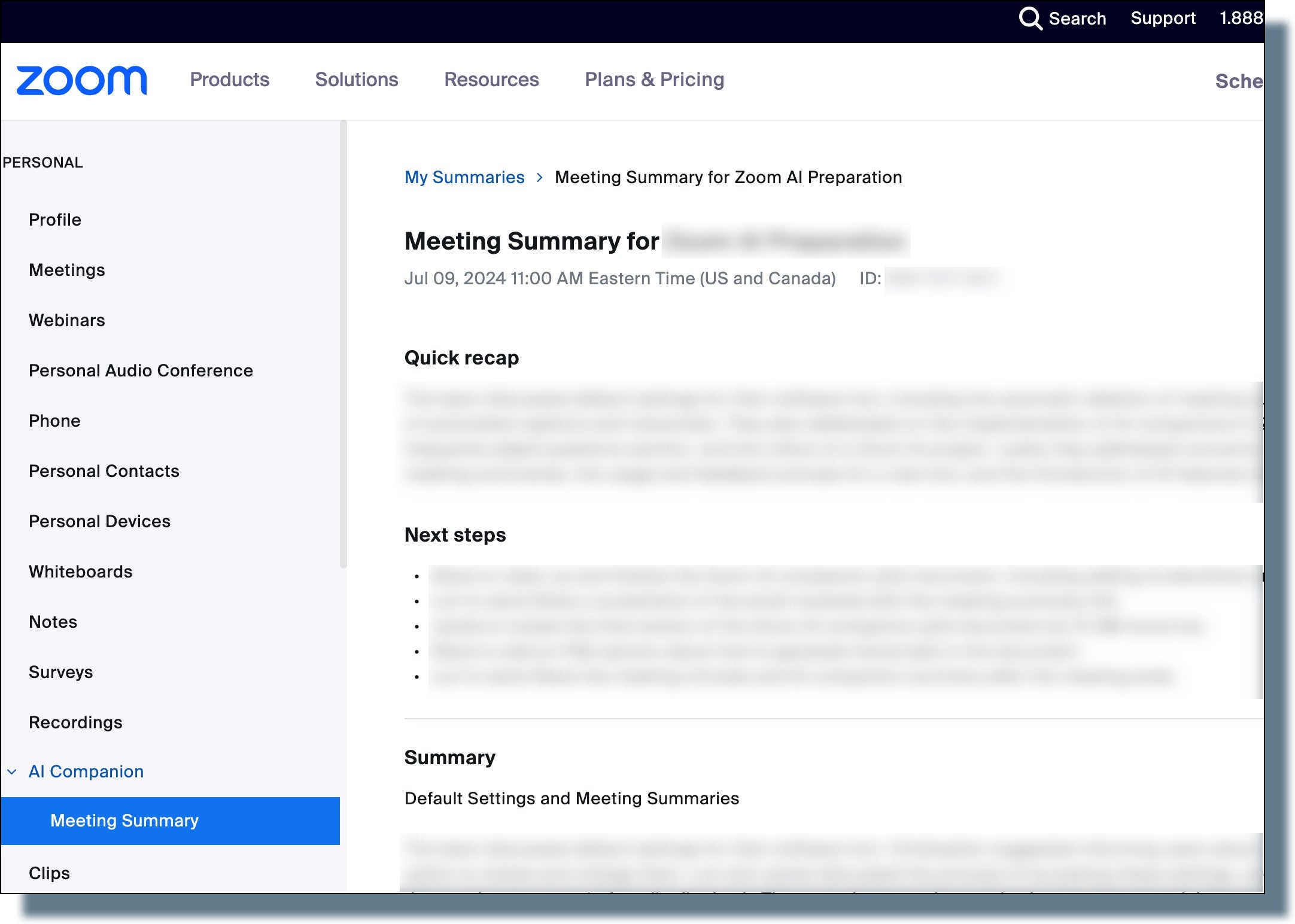 Sample meeting summary generated by Zoom AI Companion.