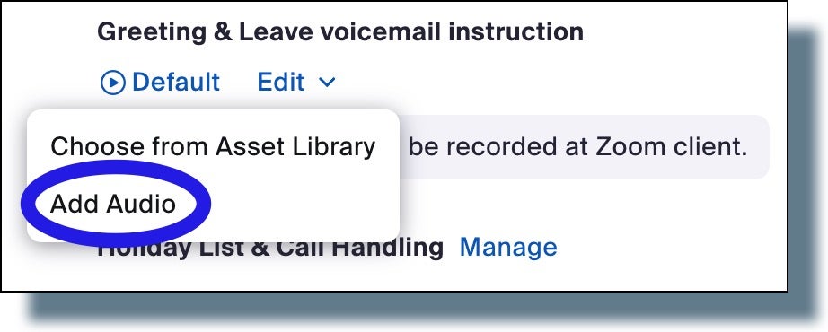 Selecting the Add Audio option from the voicemail edit menu to record new voicemail.