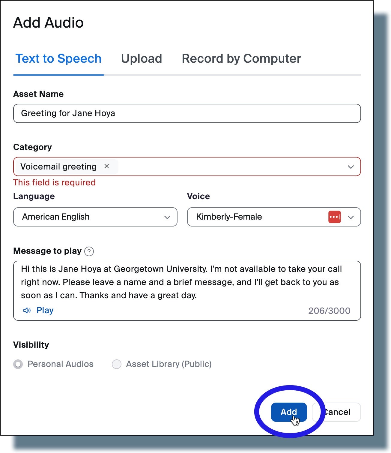 Clicking 'Add' to add your text to speech recording to your Asset Library.