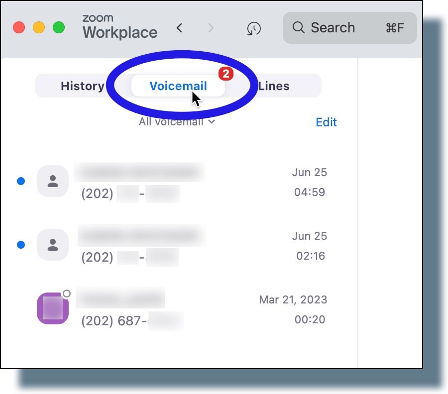 Selecting the Voicemail tab from Zoom Phone desktop app.