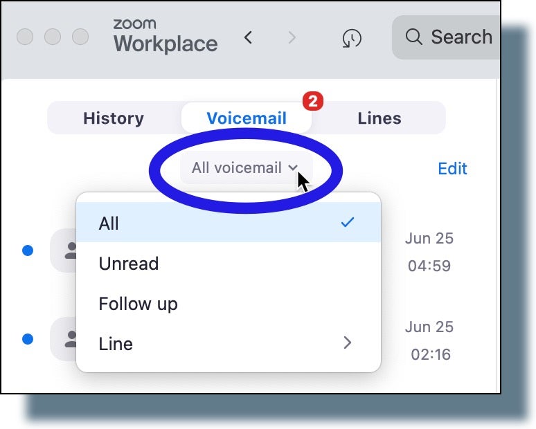 Selecting the Voicemail tab from the Zoom desktop app,