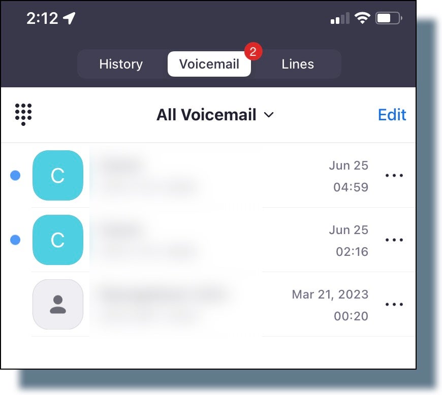 Selecting Voicemail tab in the Zoom mobile app.