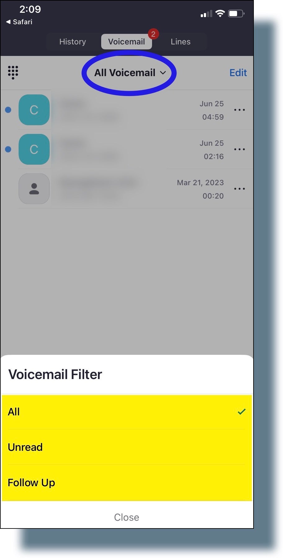 Tapping All Voicemail to view voicemail filtering options in Zoom mobile app.