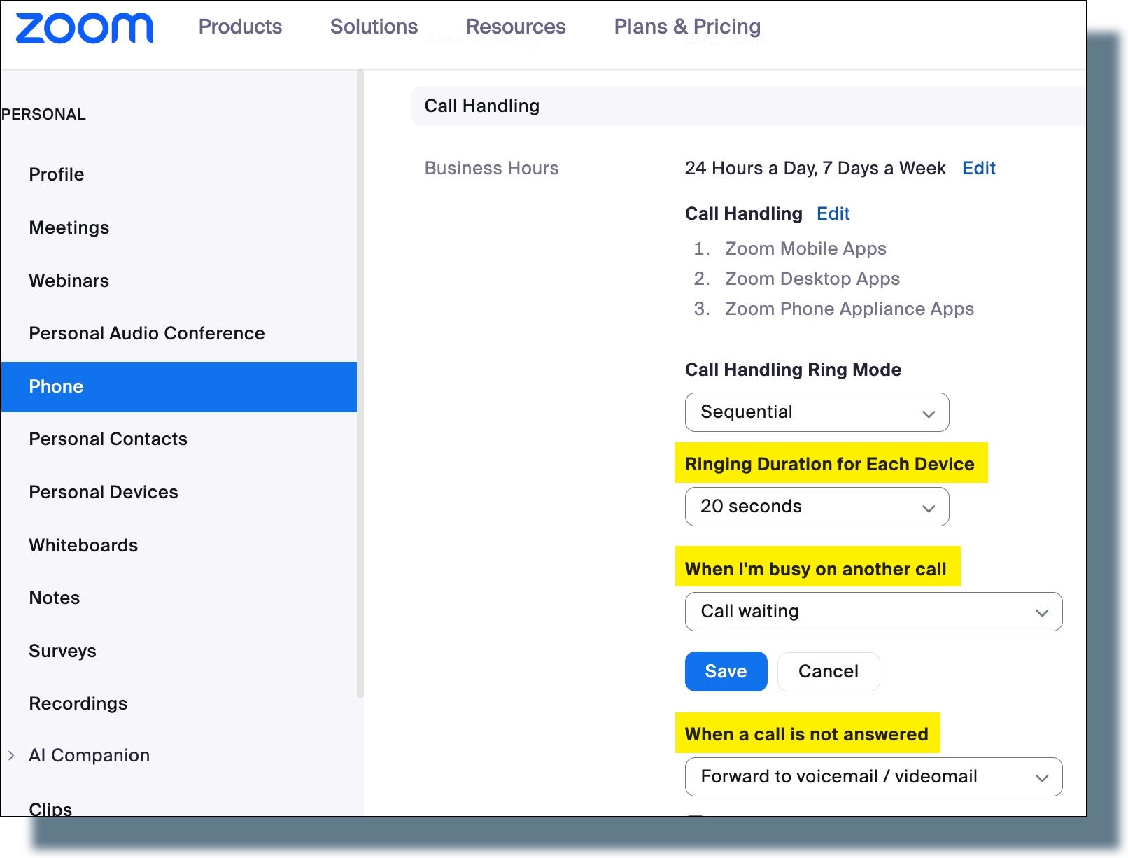 Zoom settings related to voicemail.