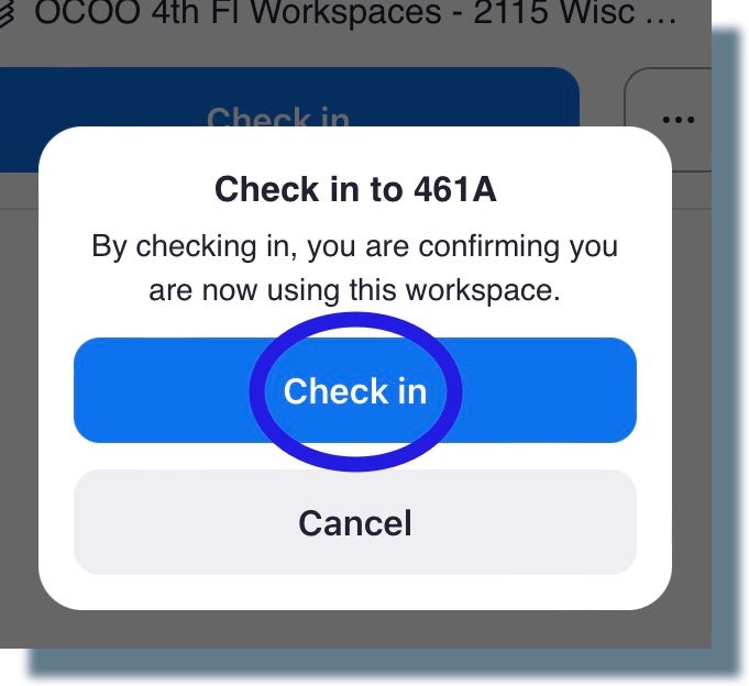 Selecting 'Check in' to confirm checking in to your reserved space.