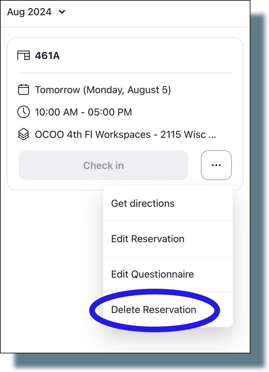 Selecting 'Delete Reservation' for the reservation you want to delete.