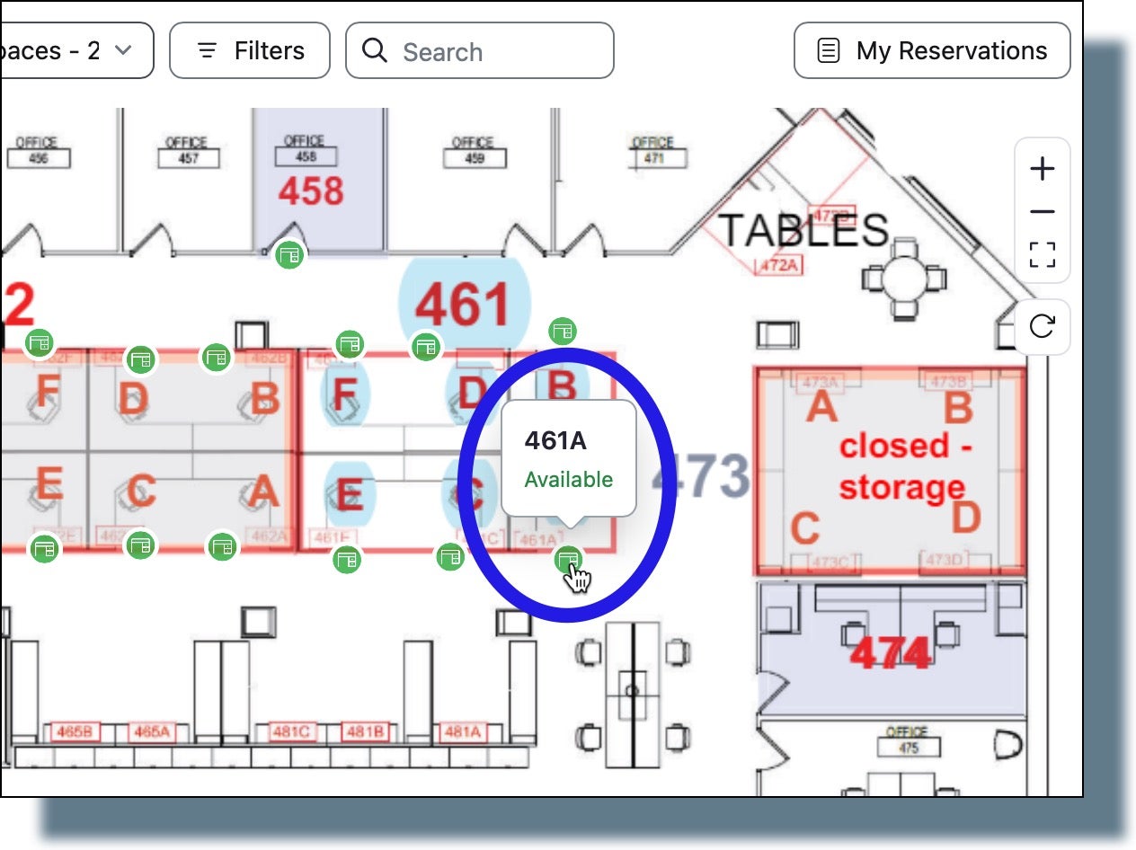 Moving computer mouse over floor plan to highlight available space to reserve.