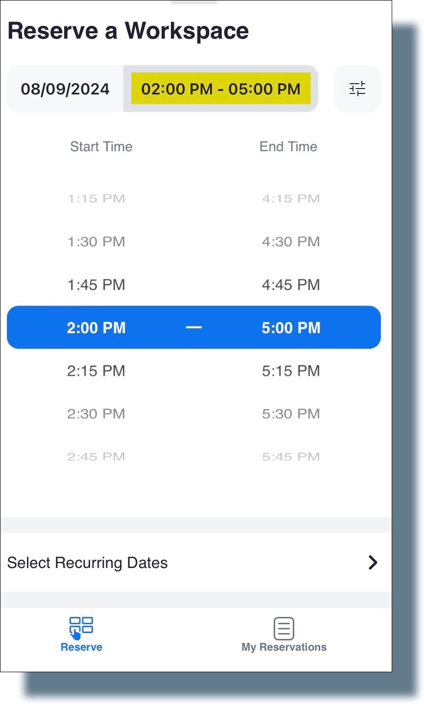 Selecting the desired time frame from the displayed list of times.