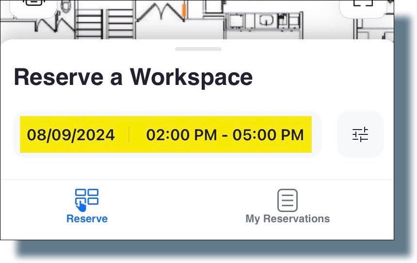 The floor plan displayed again with the selected date and times to reserve the space.