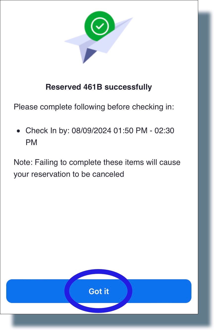 Clicking 'Got it' in the reservation confirmation window.