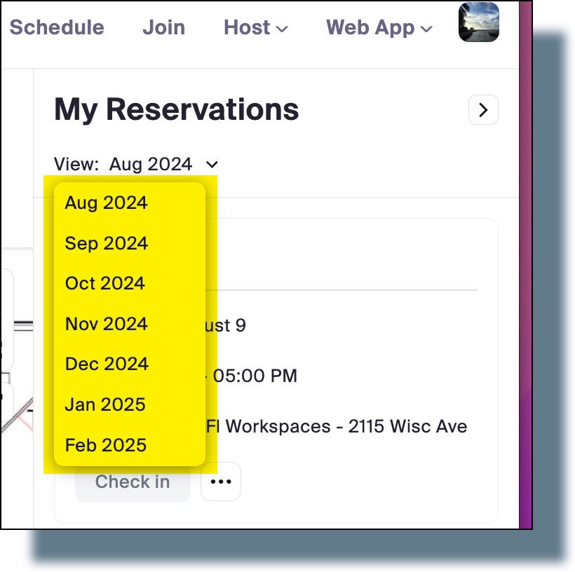 Displaying months available to view current space reservations.