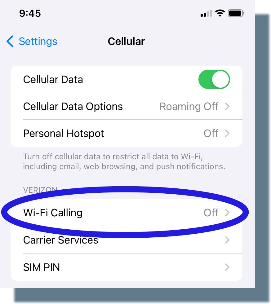 Selecting 'Wi-Fi Calling' from 'Cellular' screen on iPhone.