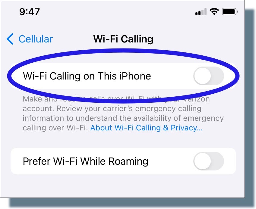 Selecting 'Wi-Fi Calling on This Phone' from 'Wi-Fi Calling' screen on iPhone.