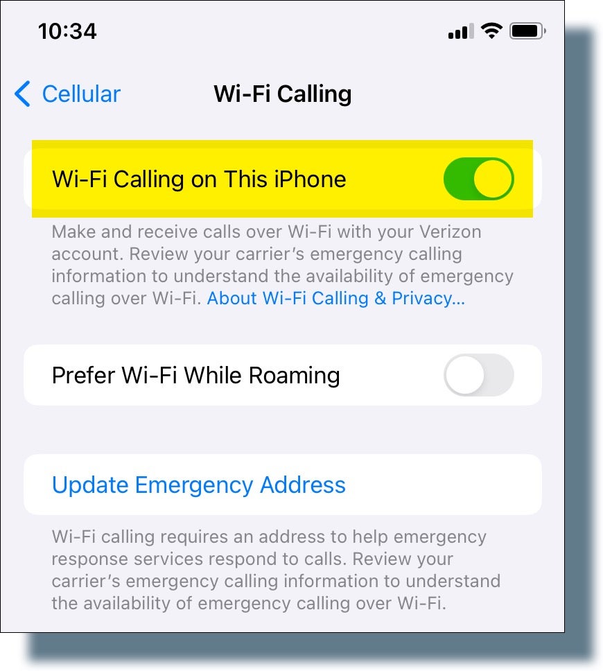 The option 'Wi-Fi Calling on This Phone' is now shown as being enabled for your phone.