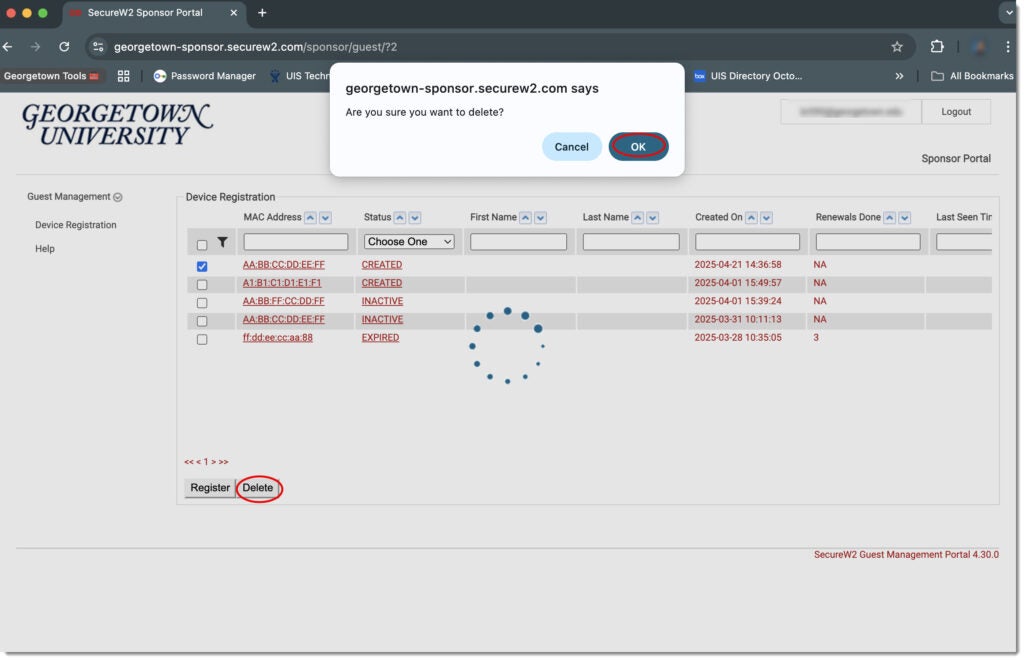 Choose to delete the device and confirm the deletion by checking on ok