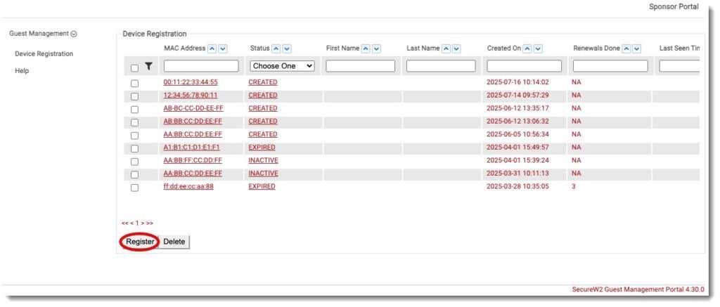 This is the portal where you click on Register in the lower left corner to add your device