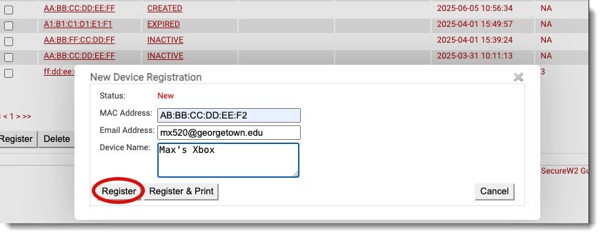 Type in your Mac address information, including the mac address, your email address and a name for the device.