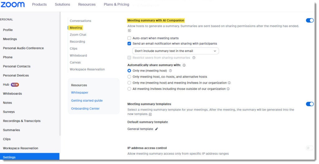 New settings for Zoom AI Companion