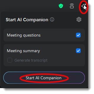 Start Zoom AI Companion icon - explains that there is a summary of your meeting being created.