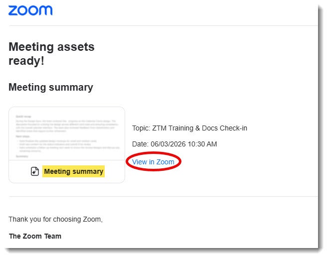 Email message to inform you that your meeting summary is ready.