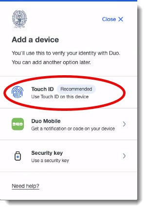 DUO Touch ID selected for Mac users