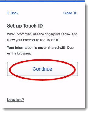 Click on Continue to Setup your Touch ID