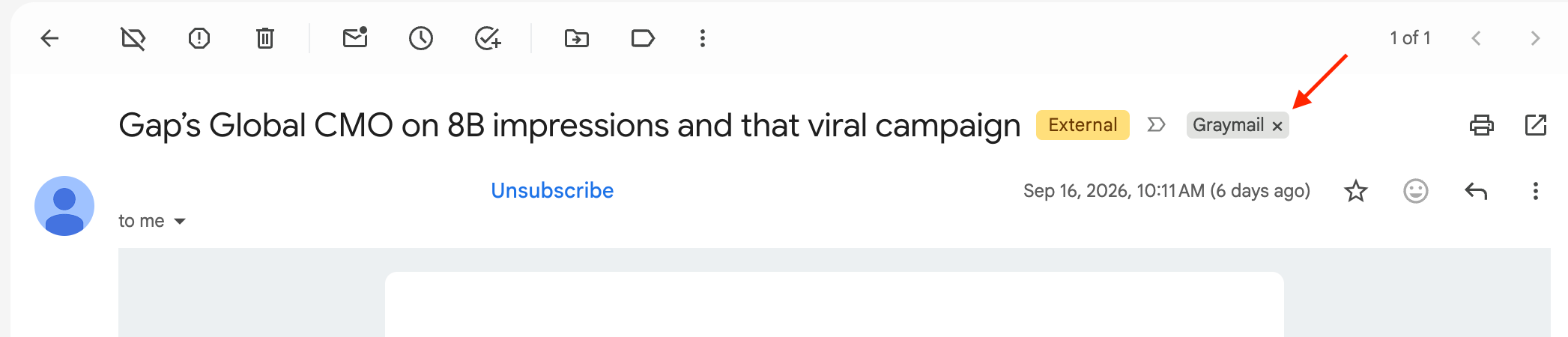 Screenshot of an email in Gmail with an arrow pointing to the Graymail label.