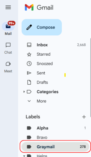 Screenshot of the Gmail interface with the Graymail folder highlighted.